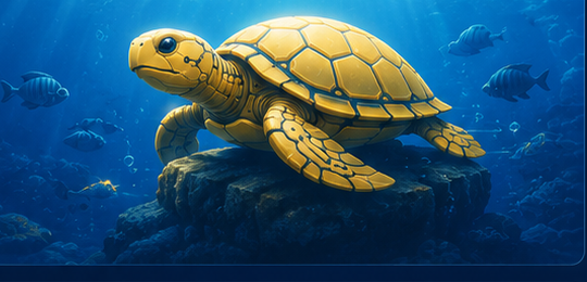 Golden turtle resting on a rock underwater